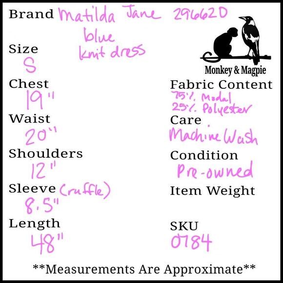 Matilda Jane Far Away Flutter Sleeve Blue Gray Midi Sheath Dress Women S *FLAW* - Picture 8 of 8